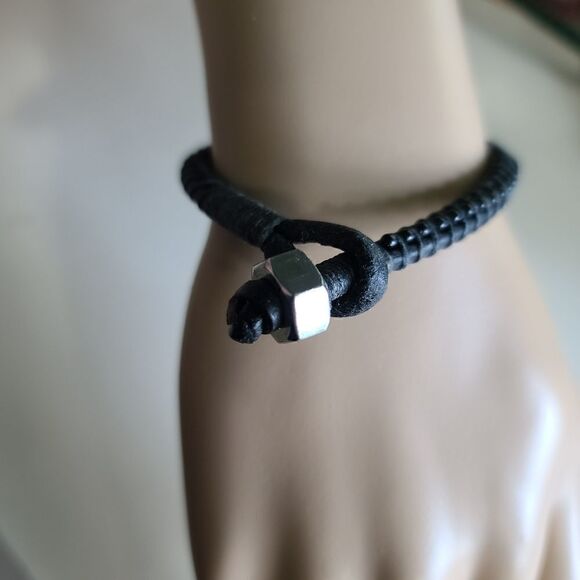 8.5#7 Black Leather Handcrafted Bracelet with Copper Beads 8.5" - Picture 2 of 4